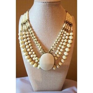 Vintage Faux Ivory Wood Bead Necklace – Multi-Strand Hook Clasp Beauty